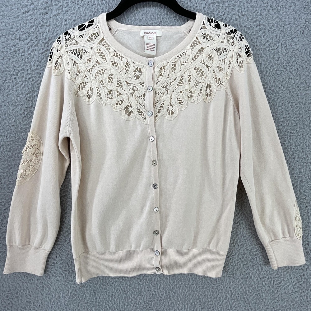 Sundance Cardigan Sweater Womens M White Crochet Collarless Round Neck Button
